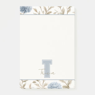Creme Braun Blaue Blumen Monogramm Anfangsname Post-it Klebezettel