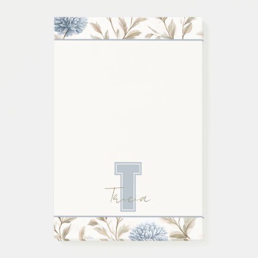Creme Braun Blaue Blumen Monogramm Anfangsname Post-it Klebezettel (Vorderseite)
