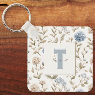 Creme Braun Blaue Blumen Monogramm Anfangsname Schlüsselanhänger