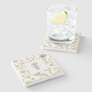 Creme Braun Blaue Blumen Monogramm Anfangsname Steinuntersetzer
