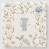 Creme Braun Blaue Blumen Monogramm Anfangsname Steinuntersetzer (Vorderseite)