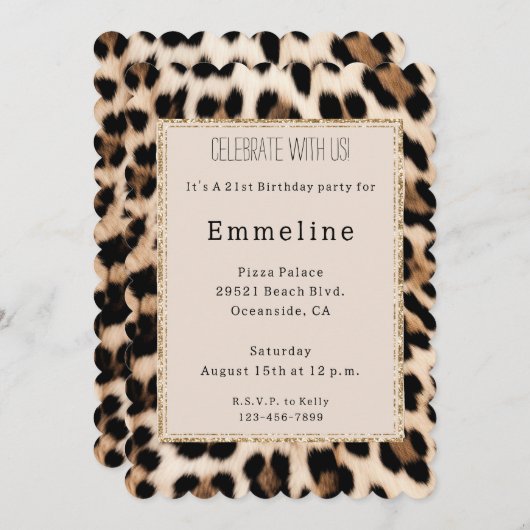 Creme Brown Black Leopard Gold Glitzer Einladung (Vorne/Hinten)