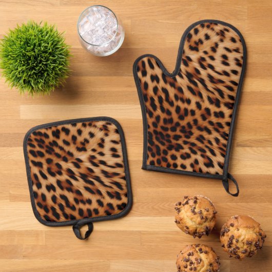 Creme Brown Leopard Print Ofenhandschuh & Topflappen-Set (Oben Unten)