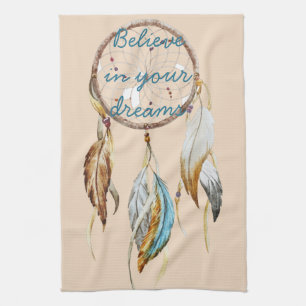 Creme Brown Türkis White Feathers Dream Catcher Geschirrtuch