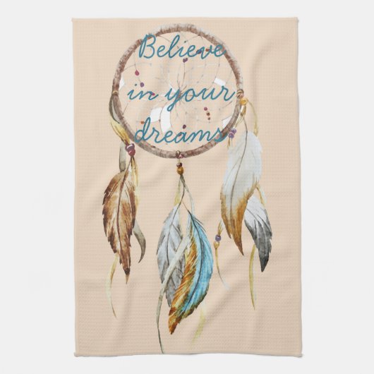 Creme Brown Türkis White Feathers Dream Catcher Geschirrtuch (Vertikal)