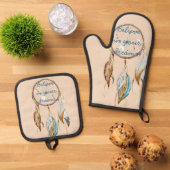 Creme Brown Türkis White Feathers Dream Catcher Ofenhandschuh & Topflappen-Set (Oben Unten)