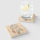 Creme Brown Türkis White Feathers Dream Catcher Steinuntersetzer (Seitenansicht)