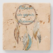 Creme Brown Türkis White Feathers Dream Catcher Steinuntersetzer (Vorderseite)