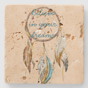 Creme Brown Türkis White Feathers Dream Catcher Steinuntersetzer
