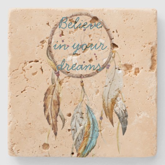 Creme Brown Türkis White Feathers Dream Catcher Steinuntersetzer (Vorderseite)