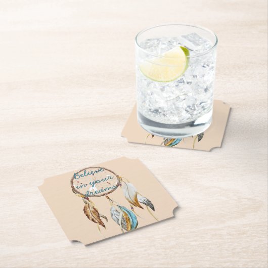 Creme Brown Türkis White Feathers Dream Catcher Untersetzer (Vor Ort)