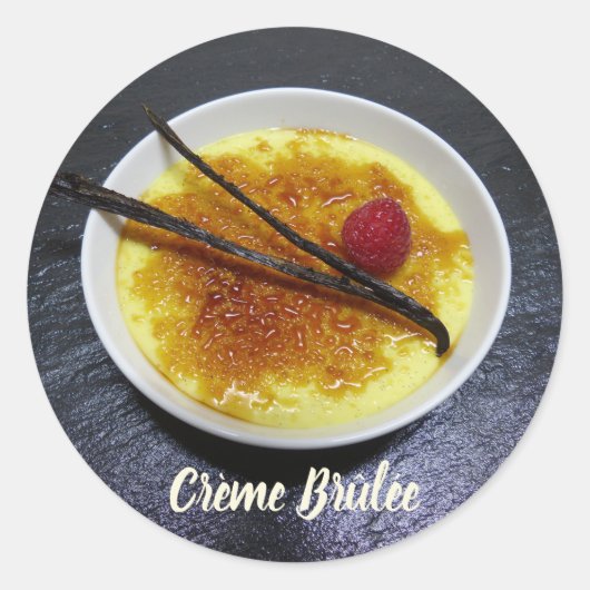 Creme brulae auf Tonschiefer mit Himbeere und Vani Runder Aufkleber (Vorderseite)