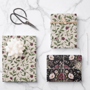 Creme Burgunder Blumen Braut Dusche Geschenkpapier Set