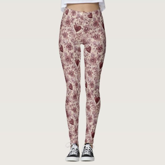 Creme Burgunderrote Herzen Blumen Leggings (Vorderseite)