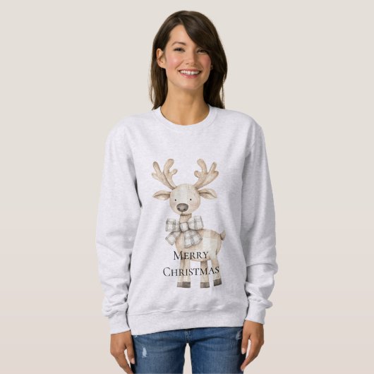 Creme Christmas Reindeer Kariert Bow Sweatshirt (Vorne ganz)