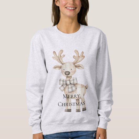 Creme Christmas Reindeer Kariert Bow Sweatshirt (Vorderseite)