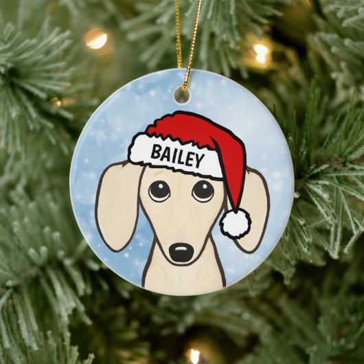 Creme Dackel Santa Dackel Hund Individuelle Name Keramik Ornament (Baum)