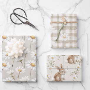Creme-Daisy-Blumen-Hase-Kaninchen-Geburtstag Geschenkpapier Set