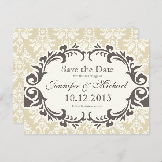 Creme Damask Save the Date Postkarte (Vorne/Hinten)