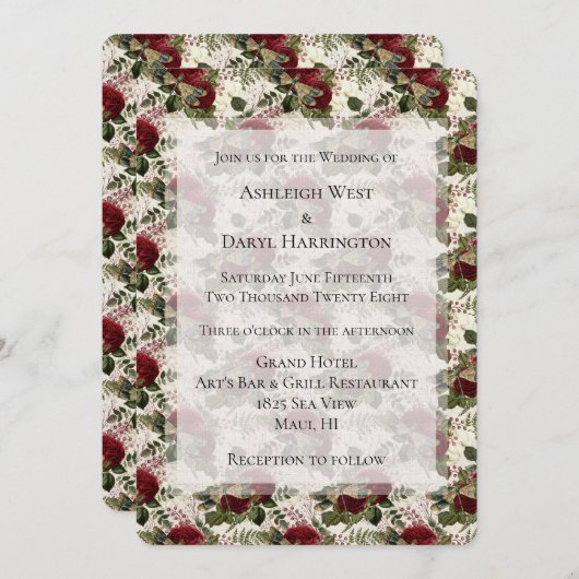 Creme Drachenfliegen und Rose Hochzeit Einladung (Vorne/Hinten)