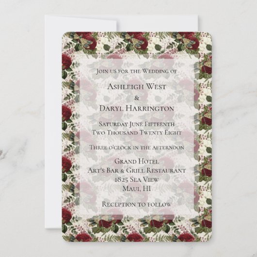 Creme Drachenfliegen und Rose Hochzeit Einladung (Vorderseite)