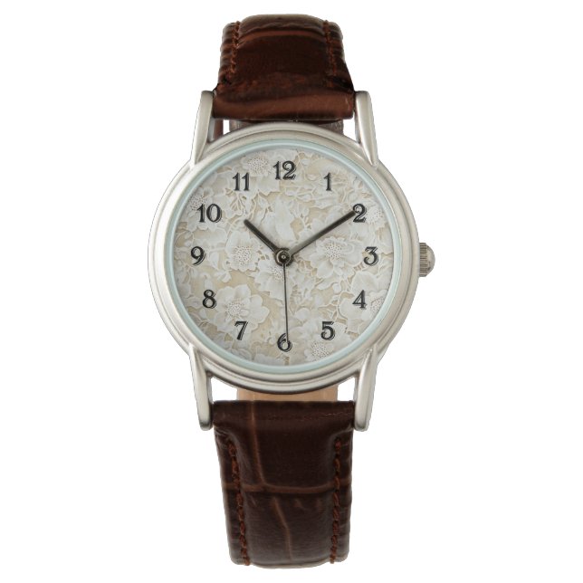 Creme Elfenbein Blumen Armbanduhr (Vorderseite)