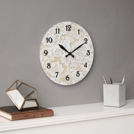 Creme Elfenbein Blumen Große Wanduhr (Büro)