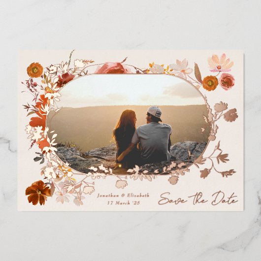 Creme Floral Frame Foto Save the Date Rose Folieneinladung (Vorderseite)