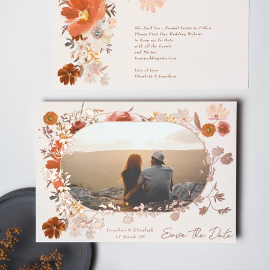 Creme Floral Frame Foto Save the Date Rose Folieneinladung