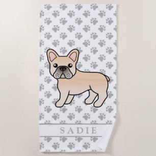 Creme French Bulldog Niedlicher Cartoon Dog & Name Strandtuch