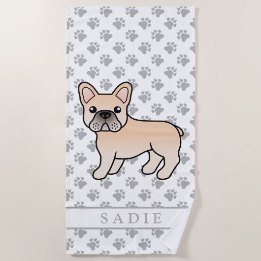 Creme French Bulldog Niedlicher Cartoon Dog & Name Strandtuch (Vorderseite)