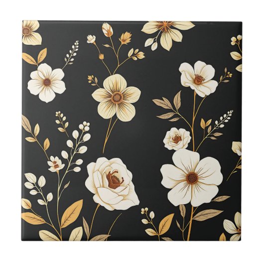 Creme-Gold-Blumenmuster Schwarz Fliese (Vorderseite)