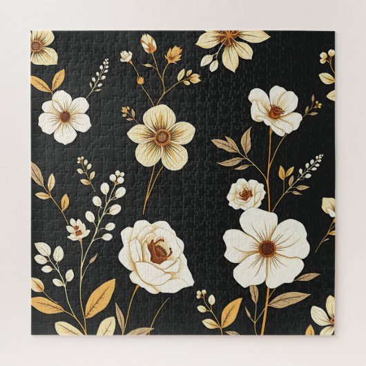 Creme-Gold-Blumenmuster Schwarz Puzzle (Vertikal)