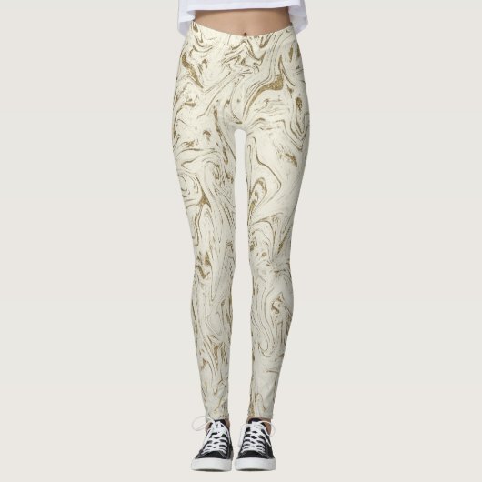 Creme & Gold Glitzer Marmor Swirl Moderner Glanz Leggings (Vorderseite)