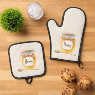 Creme Gold Honig Glas Ernährung Küche Ofenhandschuh & Topflappen-Set