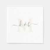 Creme & Gold Monogram Swash Script White Cocktail Serviette (Vorderseite)