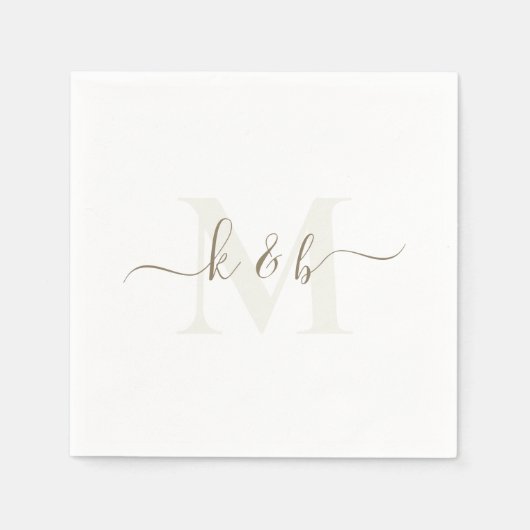 Creme & Gold Monogram Swash Script White Cocktail Serviette (Vorderseite)
