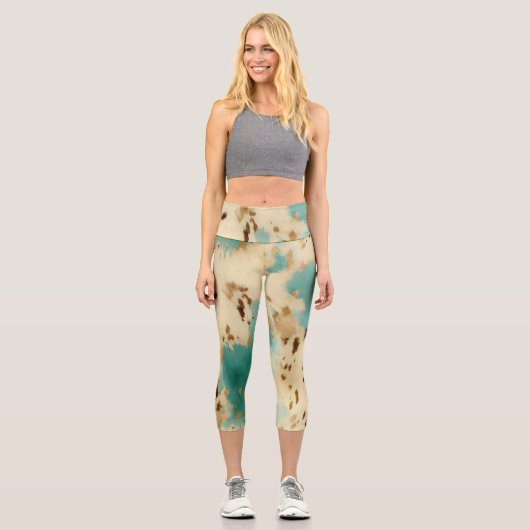 Creme Gold Türkis Cowhide Capri Leggings (Vorderseite)