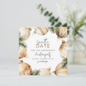 Creme & Gold Weihnachtsbaum Ornamente Party Save The Date (Stehend Vorderseite)