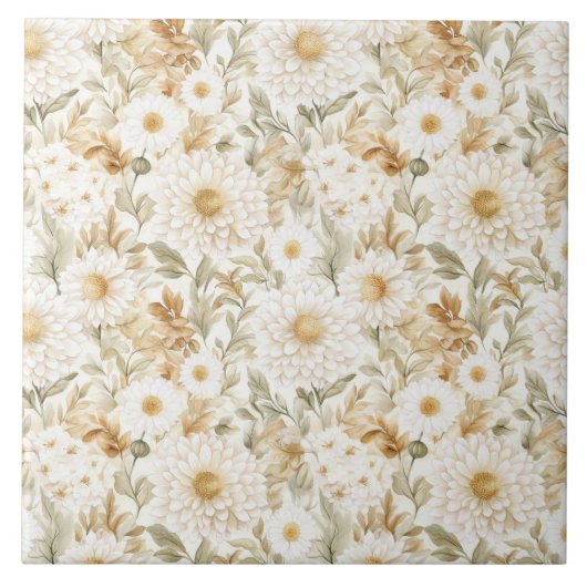 Creme Gold Weiß Landblumen Fliese (Vorderseite)