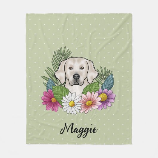 Creme Golden Retriever farbige Blume und Name Fleecedecke (Vorderseite)