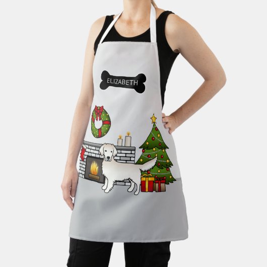 Creme Golden Retriever in einem Weihnachtszimmer u Schürze (InSitu)