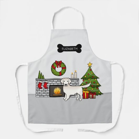 Creme Golden Retriever in einem Weihnachtszimmer u Schürze (Vorderseite)