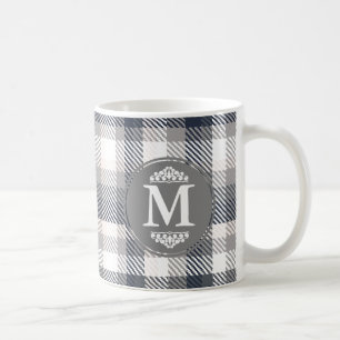 Creme & Grau-Karierter Monogramm-Letter Kaffeetasse