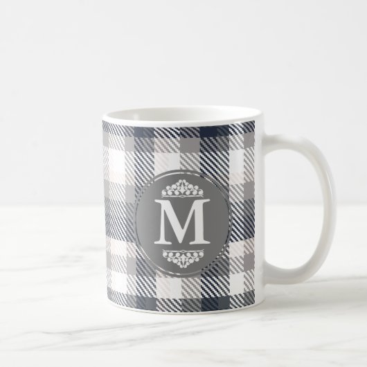 Creme & Grau-Karierter Monogramm-Letter Kaffeetasse (Rechts)