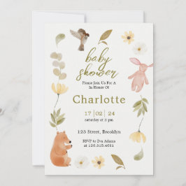Creme Green Watercolor Animals Baby Dusche Einladung