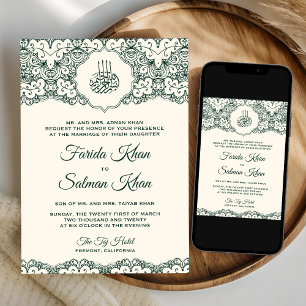 Creme Grüne Spitze Islamische Muslimische Hochzeit Einladung