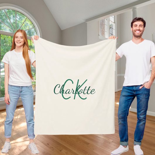 Creme-grünes Monogramm Smaragd Fleecedecke