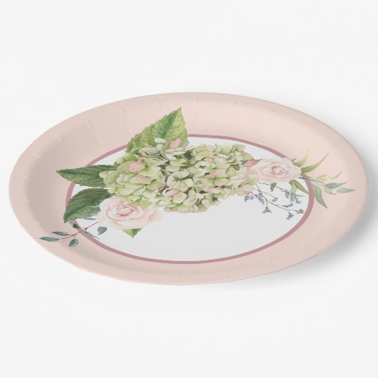 Creme Hydrangea und Rose Pappteller (Schrägansicht)
