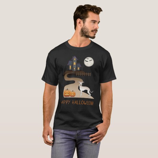 Creme Iggy Niedlich Hund und Halloween Spuk Haus T-Shirt (Vorne ganz)